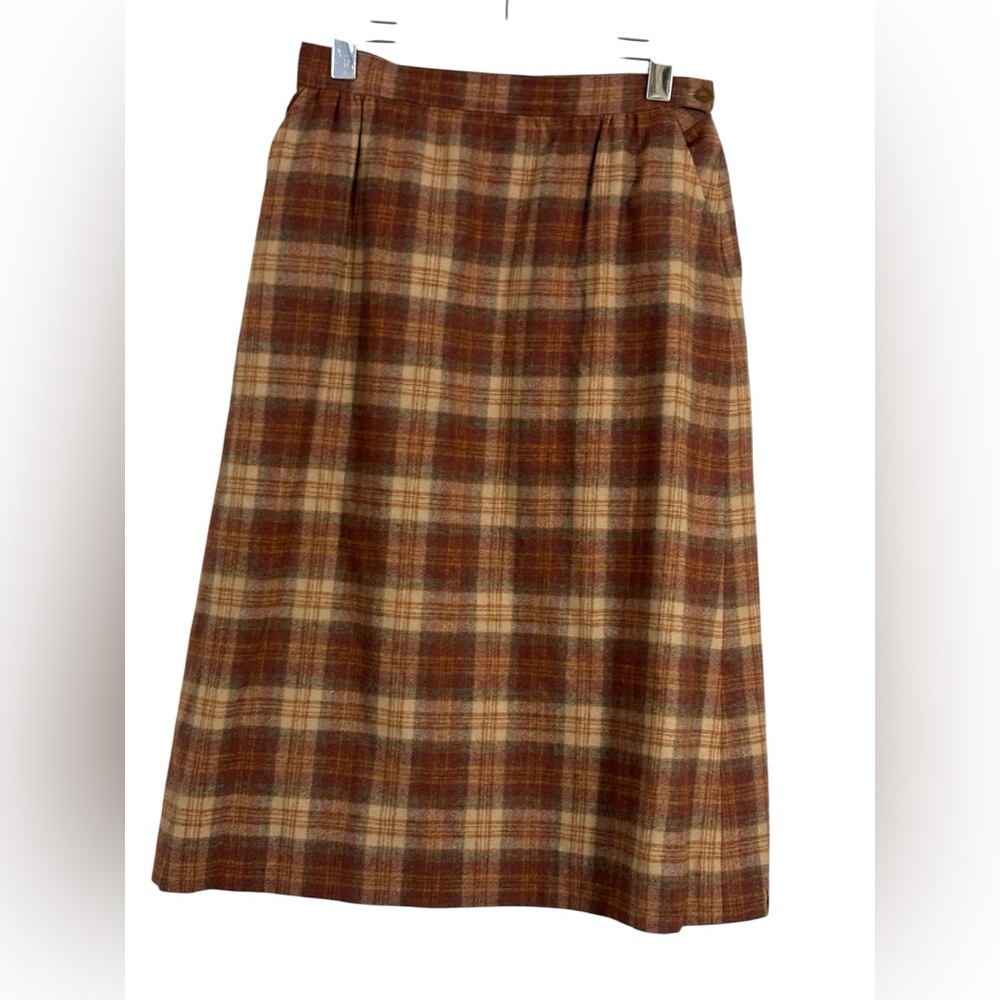Pendleton Vintage A-Line Plaid Wool Skirt in Brown and Cream
